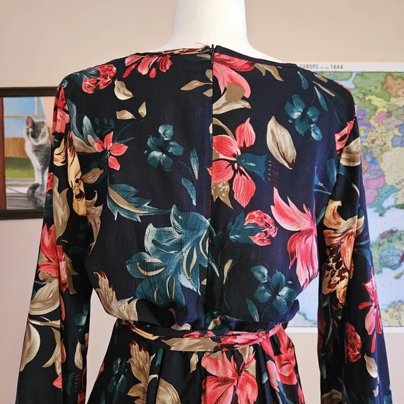 Green And Pink Floral Print Surplice Front Belted Dress - Picture 7 of 9